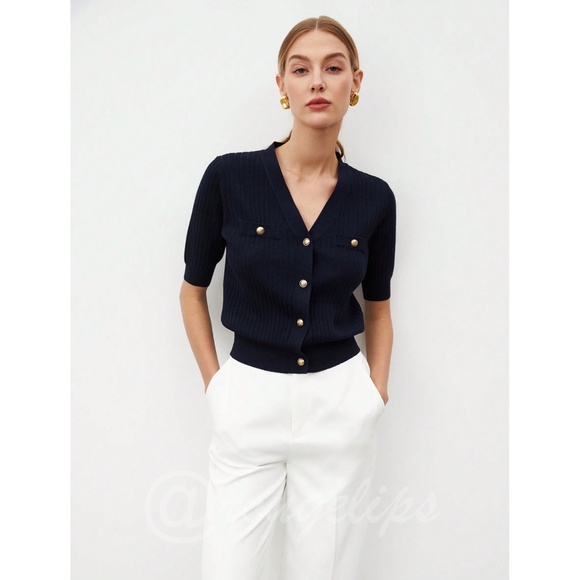 Navy Blue V-neck Knit Short Sleeve Cardigan Shirt Button Up - Picture 6 of 8
